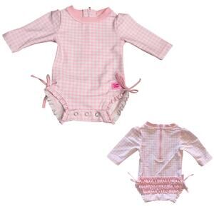 RuffleButts Girls Pink White Gingham Long Sleeve Rash Guard Swimsuit 0-3M Baby